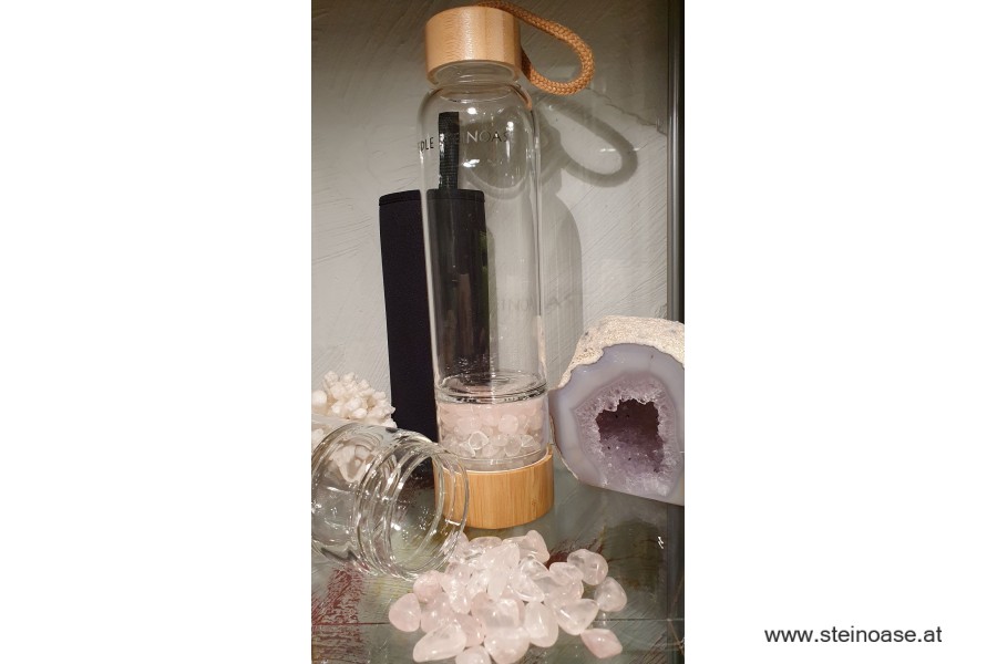 Glasflasche mit Rosenquarz + Bergkristall